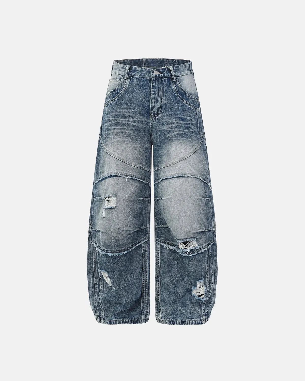 Blue Flation streetwear Cinch Back Deconstructed Distressed Barrel Jeans showing distressed detailing and relaxed fit.