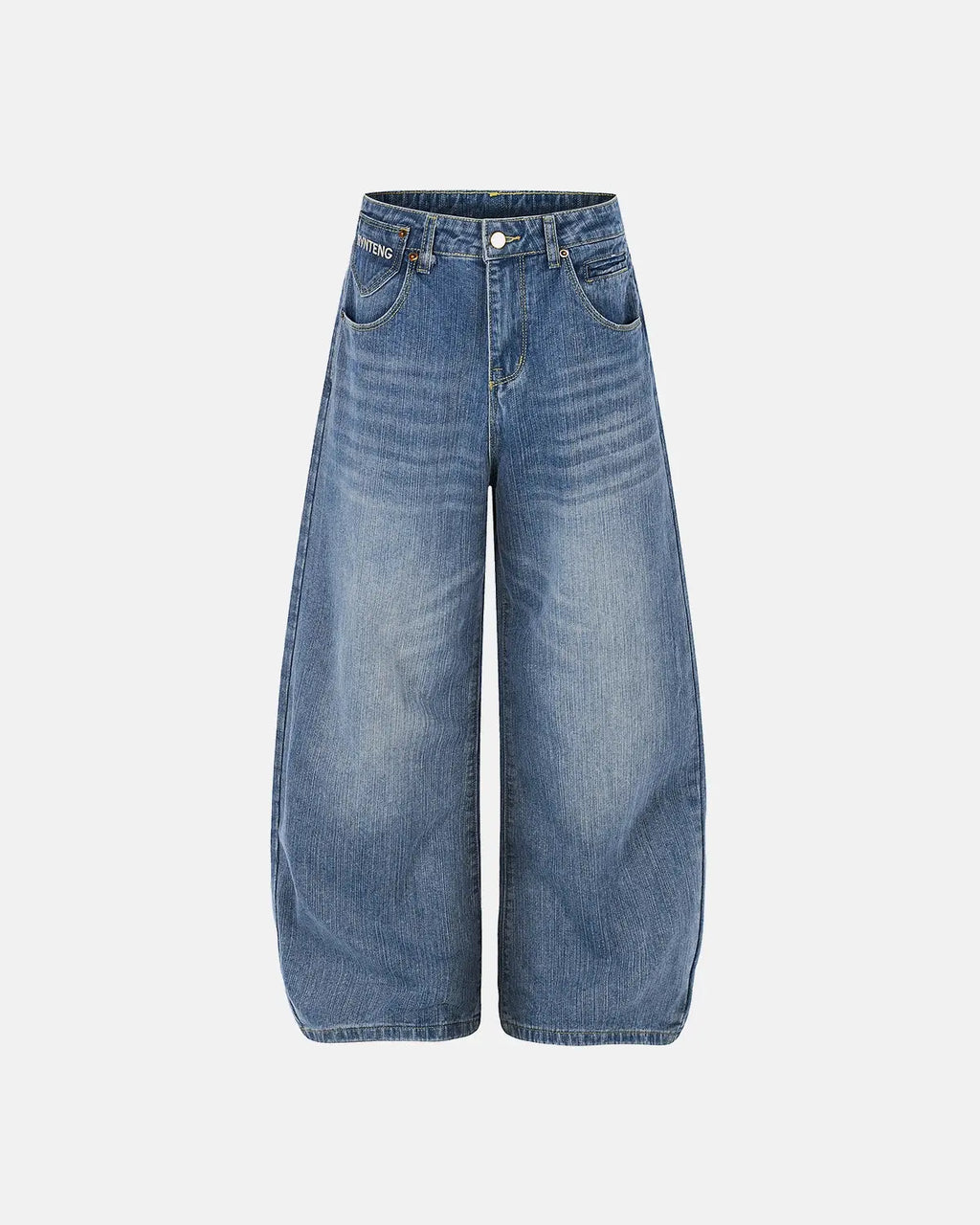 Blue Flation Streetwear baggy jeans with cinch back and washed bamboo weave, showcasing relaxed fit and casual style.