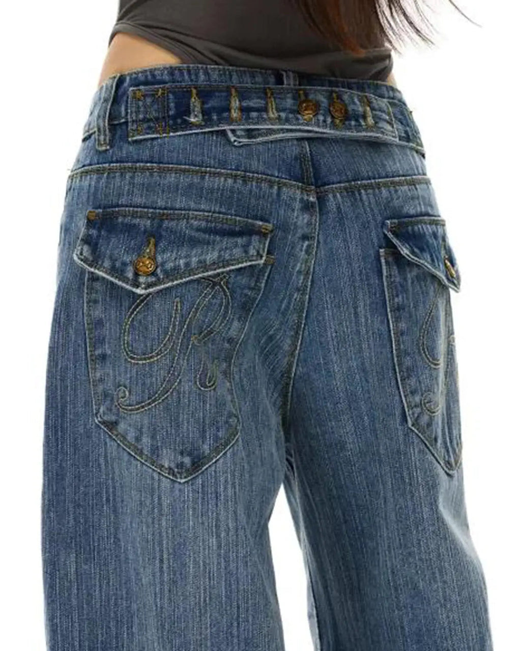 Blue Flation streetwear baggy jeans with cinch back and washed bamboo weave, relaxed fit and casual style.
