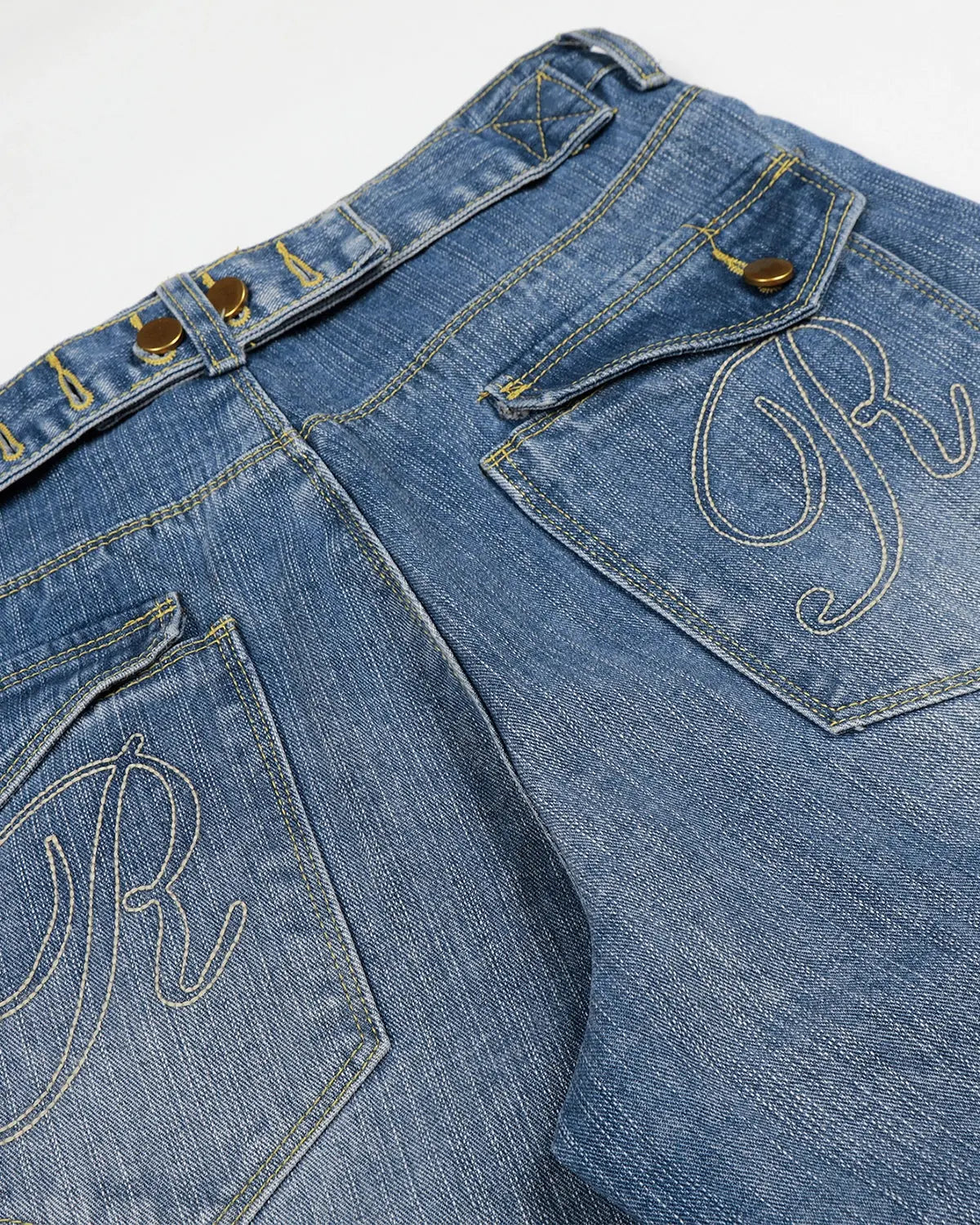 Flation blue washed bamboo weave baggy jeans with cinch back, relaxed streetwear pants, casual and comfortable fit.