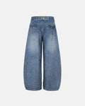 Blue Flation streetwear baggy jeans with cinch back and washed bamboo weave, showcasing relaxed, casual streetwear style.