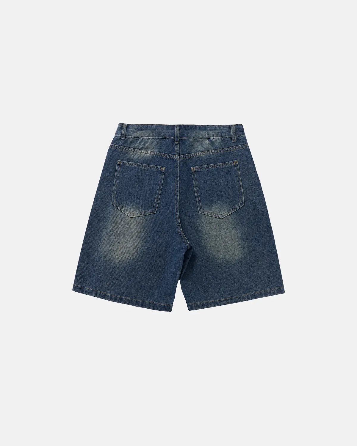 Blue deconstructed washed denim jorts by Flation, streetwear style, showcasing frayed edges and distressed details.