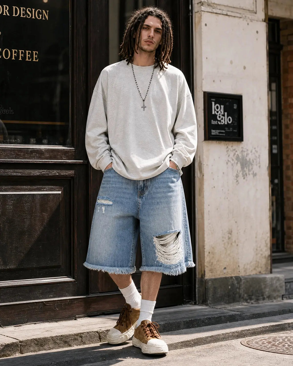 Blue distressed baggy jorts by Flation with adjustable waist tabs, casual streetwear pants for a relaxed, trendy look.