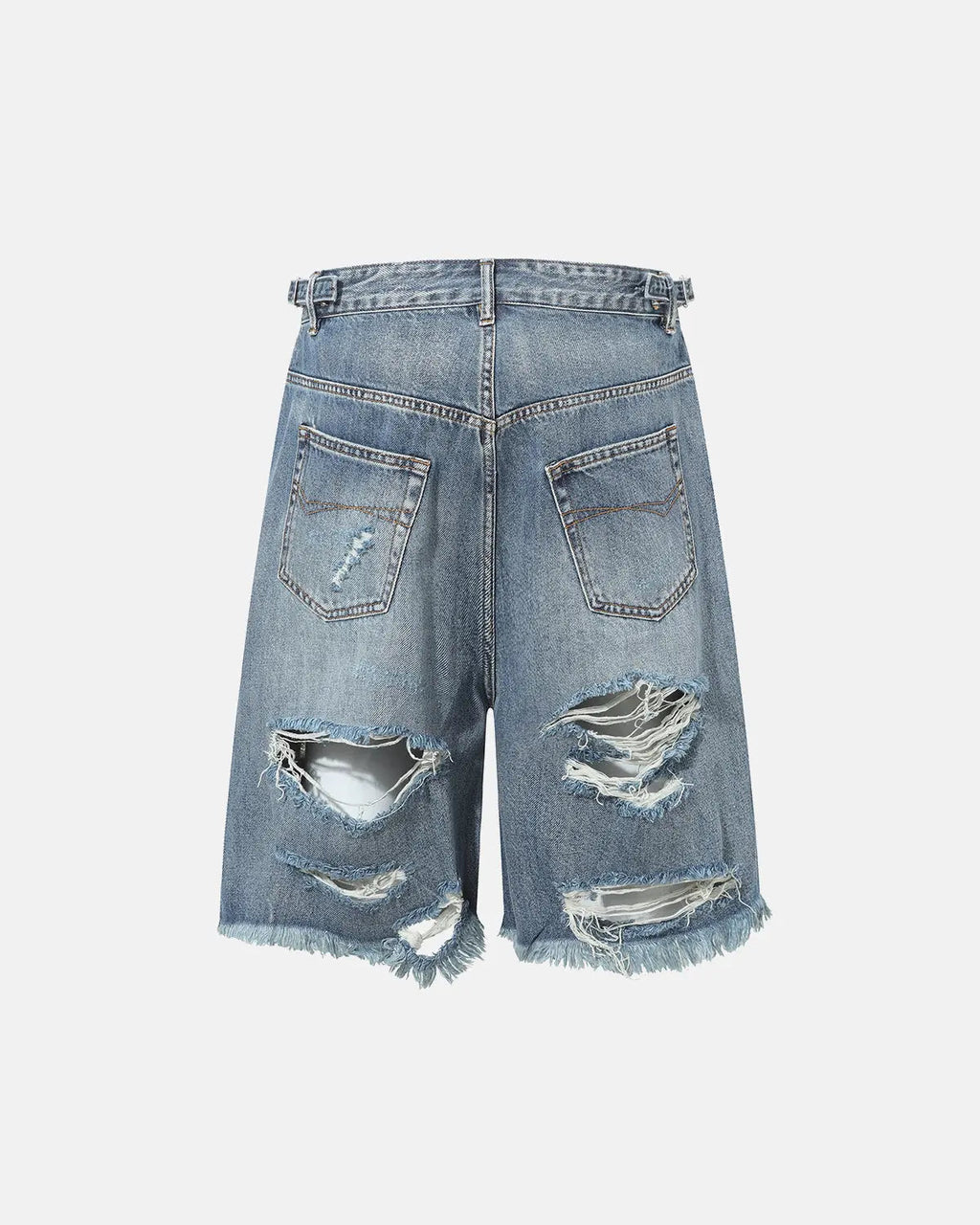 Blue distressed baggy jorts by Flation with adjustable waist tabs, casual streetwear pants, relaxed fit and rugged style.