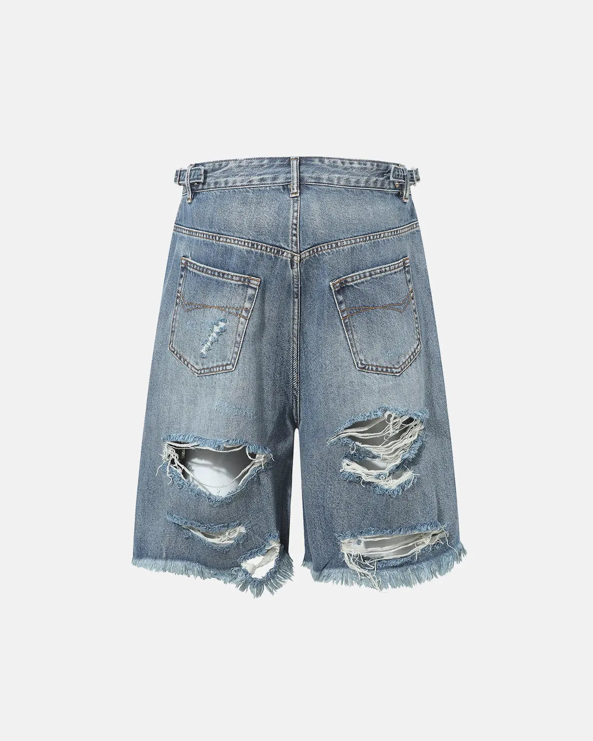 Blue distressed baggy jorts by Flation with adjustable waist tabs, casual streetwear pants, relaxed fit and rugged style.