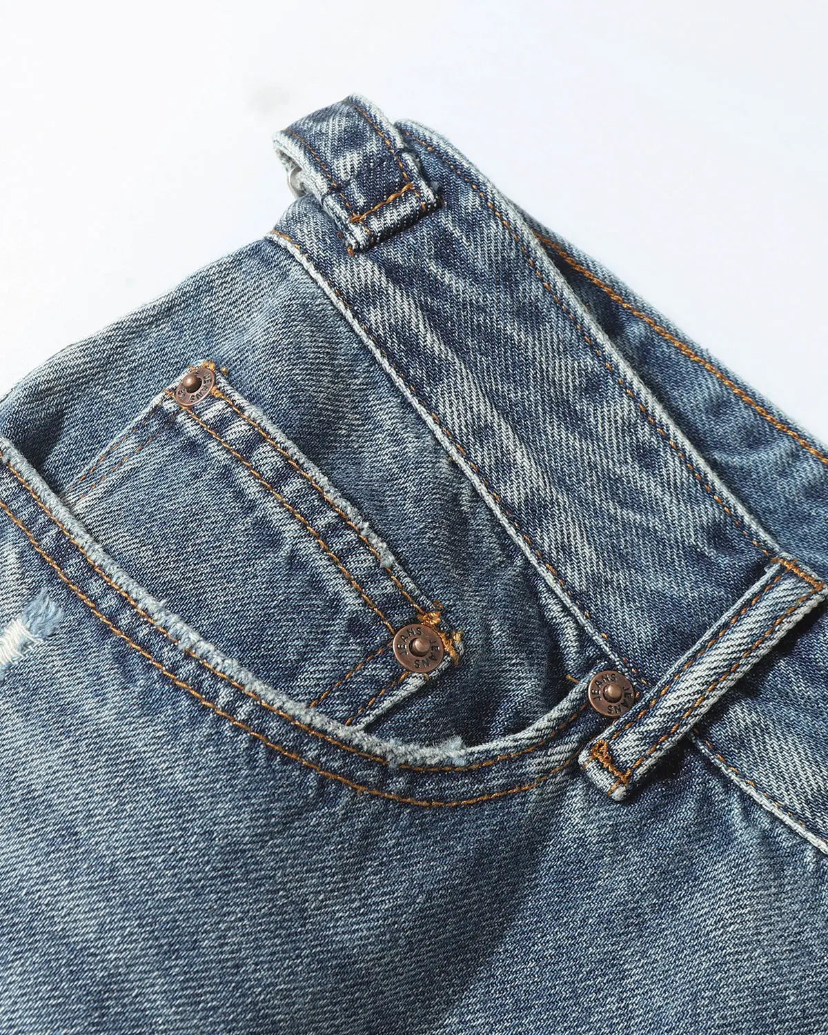 Blue distressed baggy jorts with adjustable waist tabs by Flation Streetwear, casual denim pants with a relaxed fit.