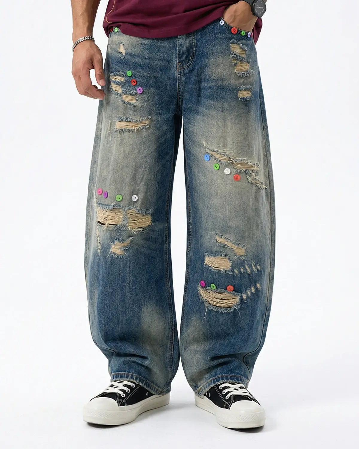 Blue distressed button barrel jeans by Flation Streetwear, showcasing a relaxed fit and stylish worn-in denim look.