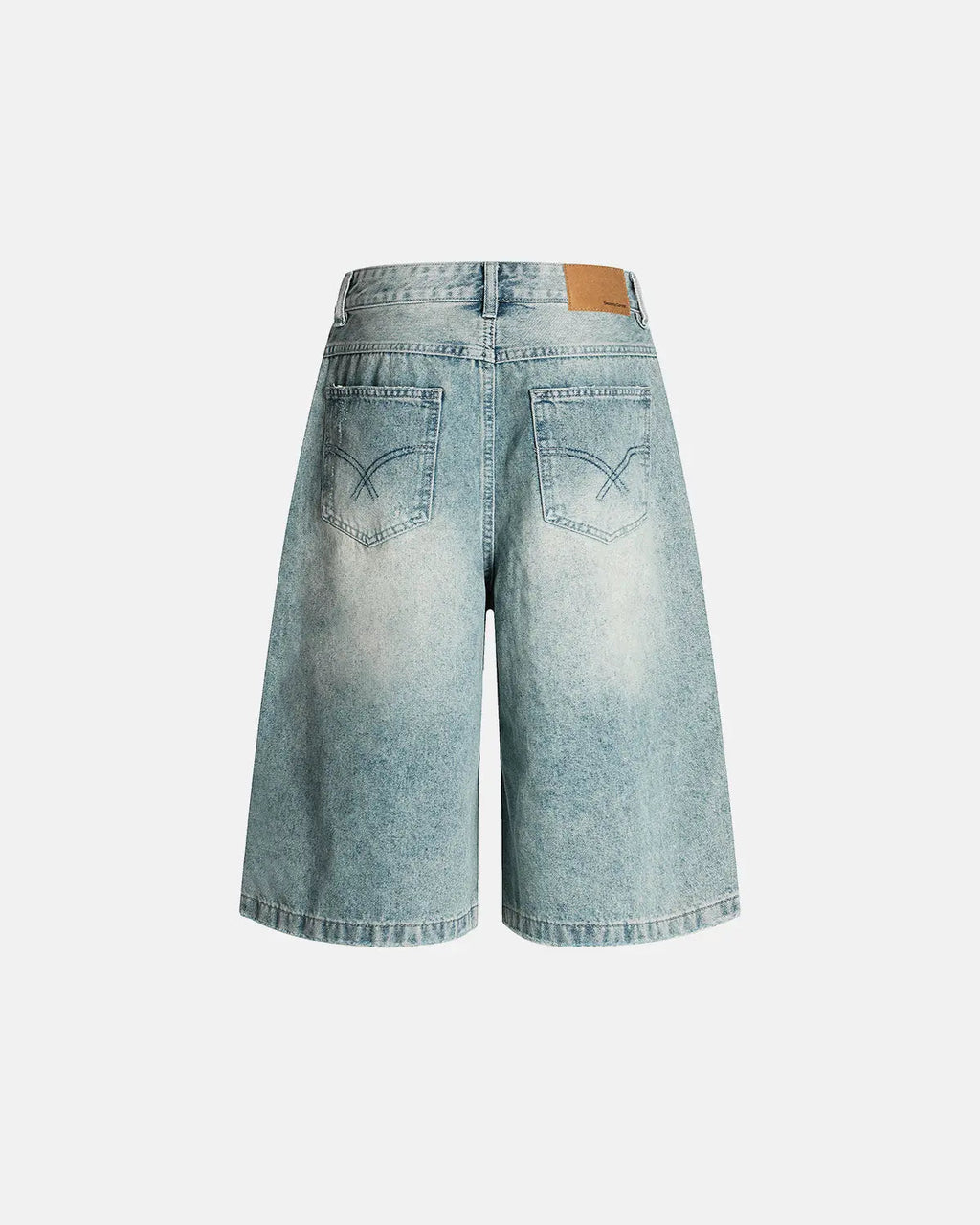 Blue distressed longline jorts pants by Flation Streetwear, featuring a relaxed fit and rugged denim style.