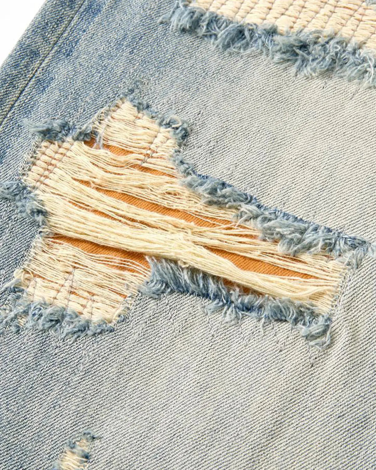 Blue distressed ripped straight-leg jeans by Flation Streetwear, showing the stylish, worn-in denim design and fit.
