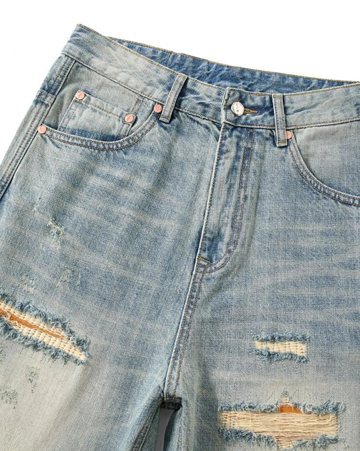 Blue distressed ripped straight-leg jeans by Flation Streetwear, showing a casual fit with ripped details and classic denim texture.