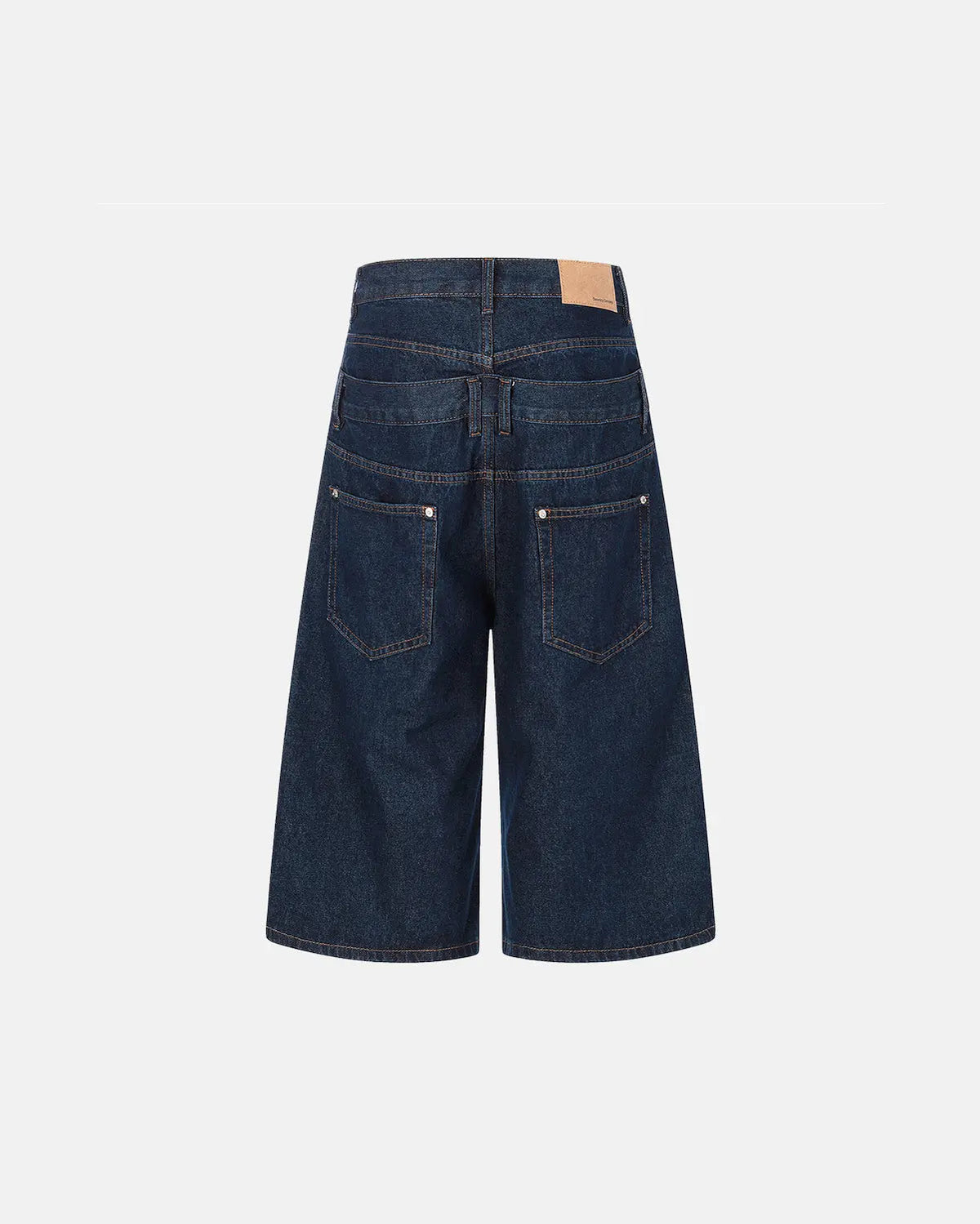 Blue double waist studded denim long jorts by Flation Streetwear, featuring distressed details and casual streetwear style.