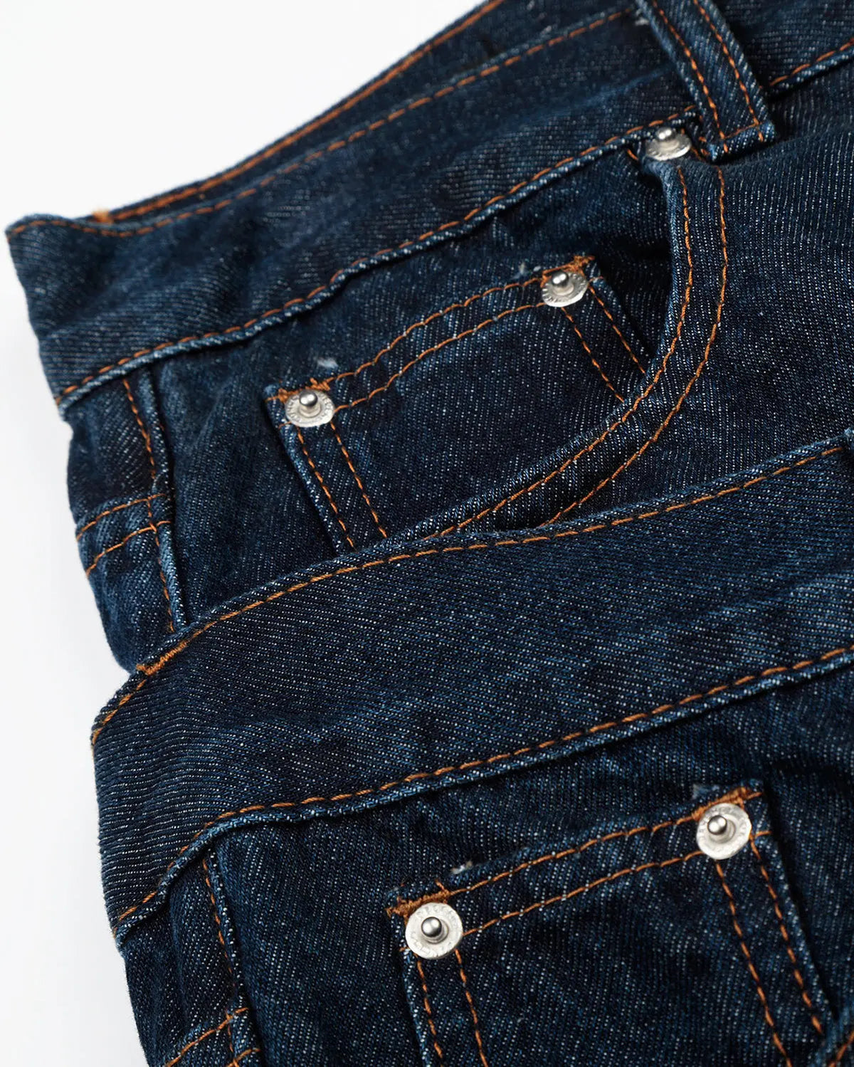 Blue double waist studded denim long jorts pants by Flation Streetwear, featuring a stylish, relaxed fit with metal stud details.