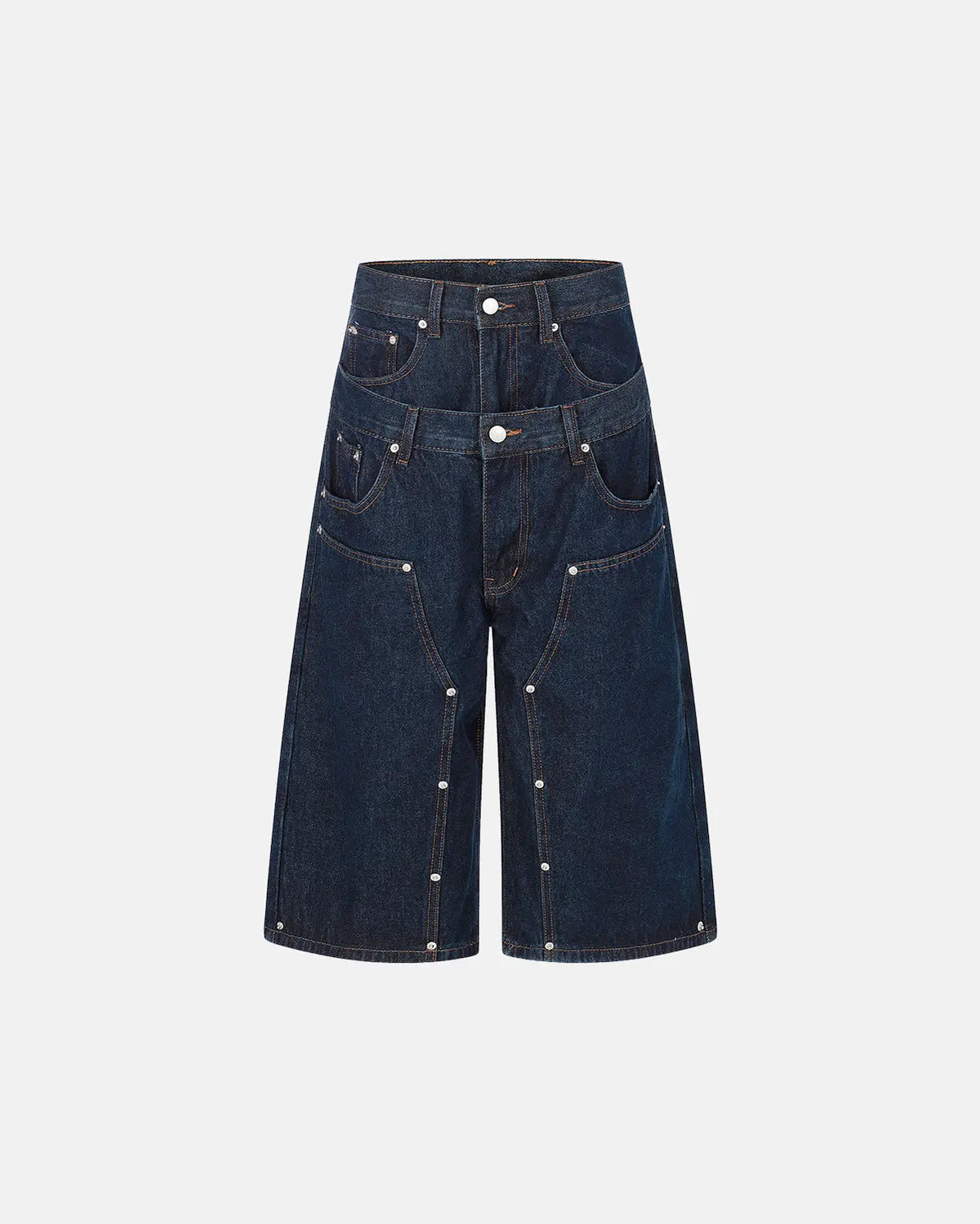 Blue Flation double waist studded denim long jorts, stylish streetwear pants with distressed details and a relaxed fit.