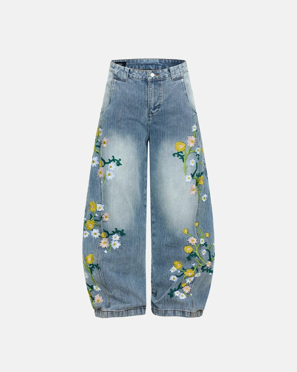 Blue embroidery bamboo weave baggy jeans from Flation Streetwear, casual pants with relaxed fit and unique textured fabric.