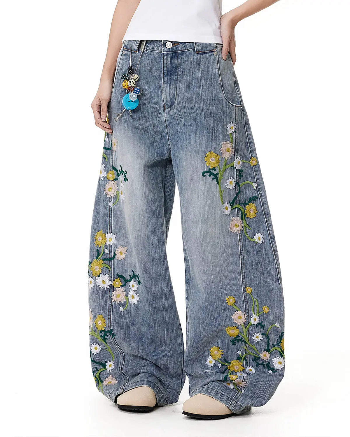 Blue embroidery bamboo weave baggy jeans by Flation Streetwear, relaxed fit pants with detailed embroidery and casual street style.