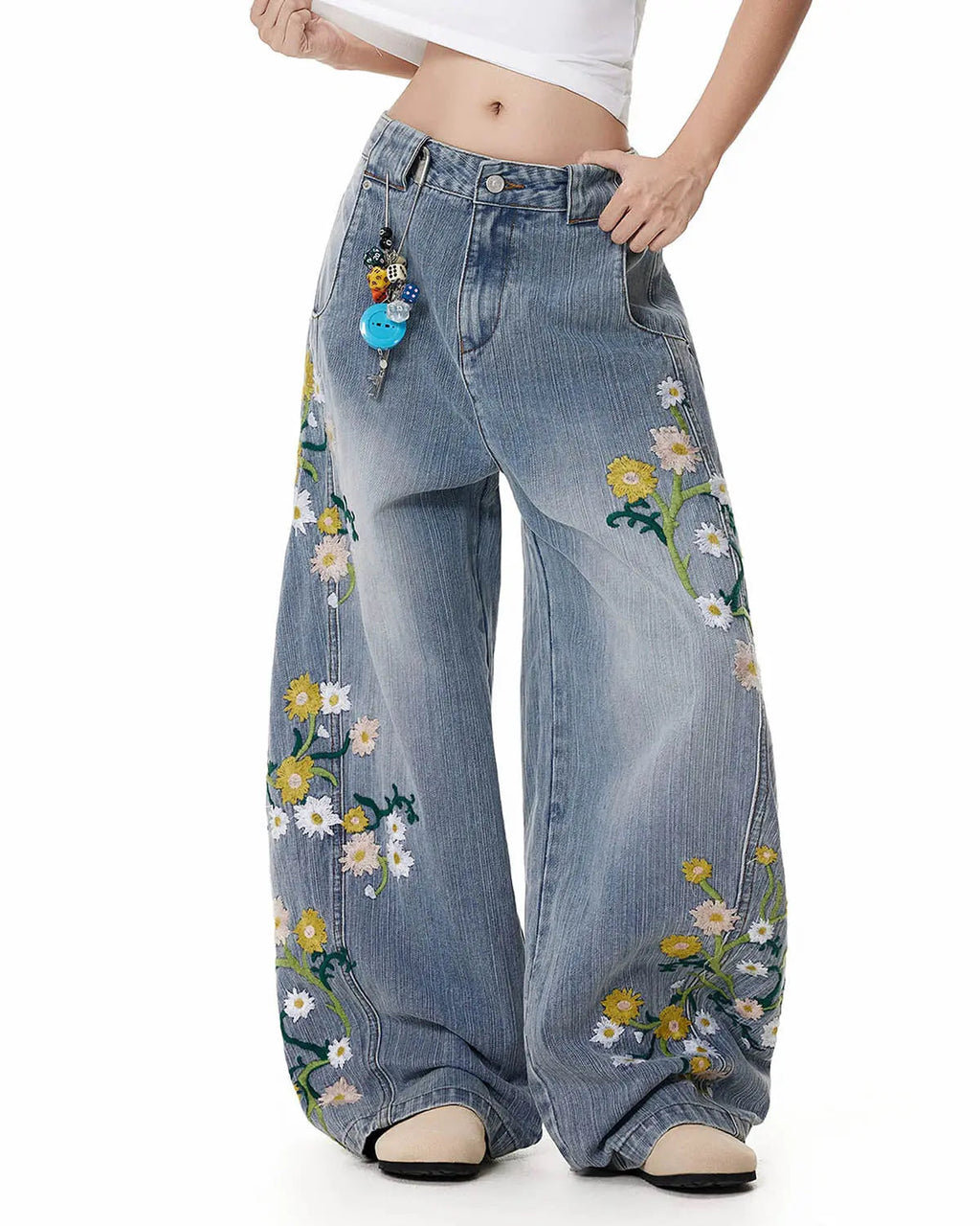 Flation streetwear blue baggy jeans with embroidery and bamboo weave details, casual pants with relaxed fit and stylish design.