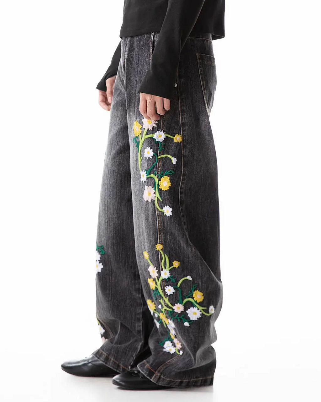 Blue Flation streetwear baggy jeans with embroidery and bamboo weave design, showcasing relaxed fit and casual style.