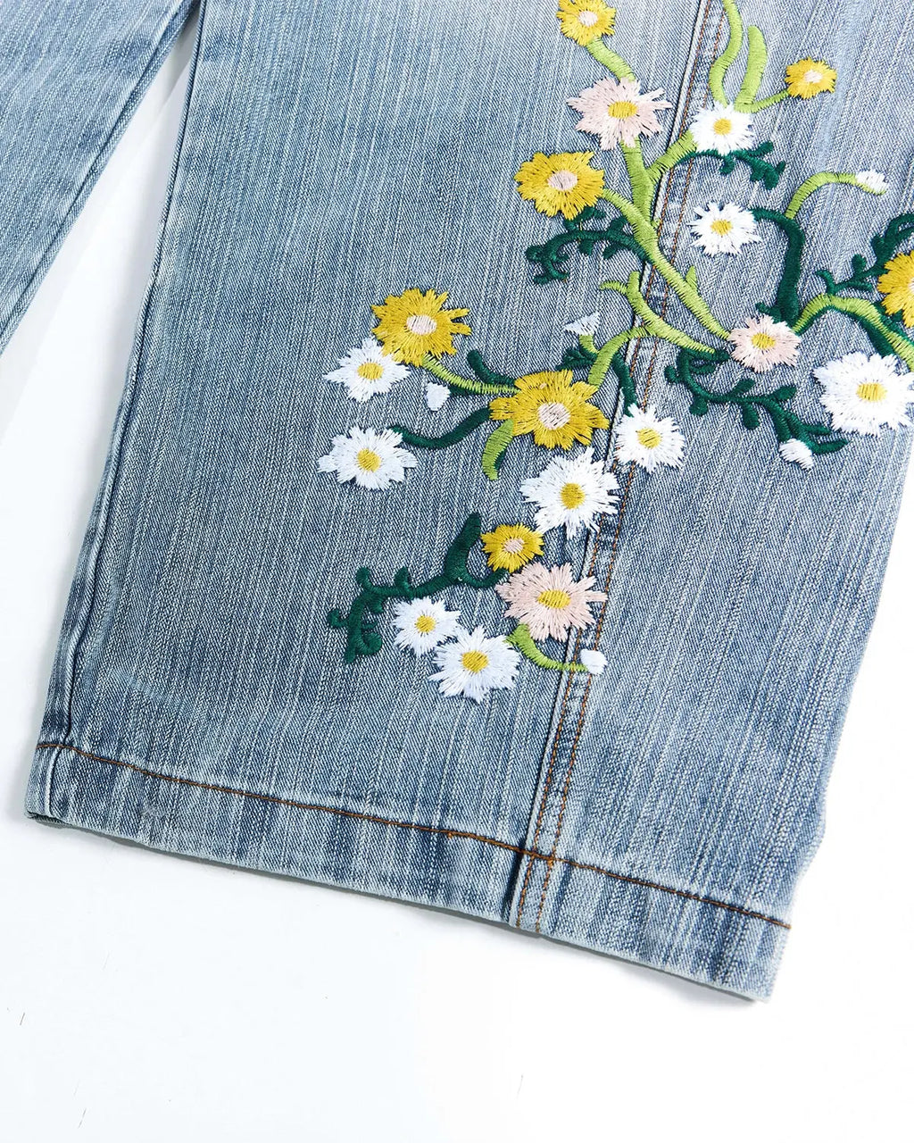 Blue embroidery bamboo weave baggy jeans by Flation Streetwear, featuring relaxed fit and detailed stitch work.