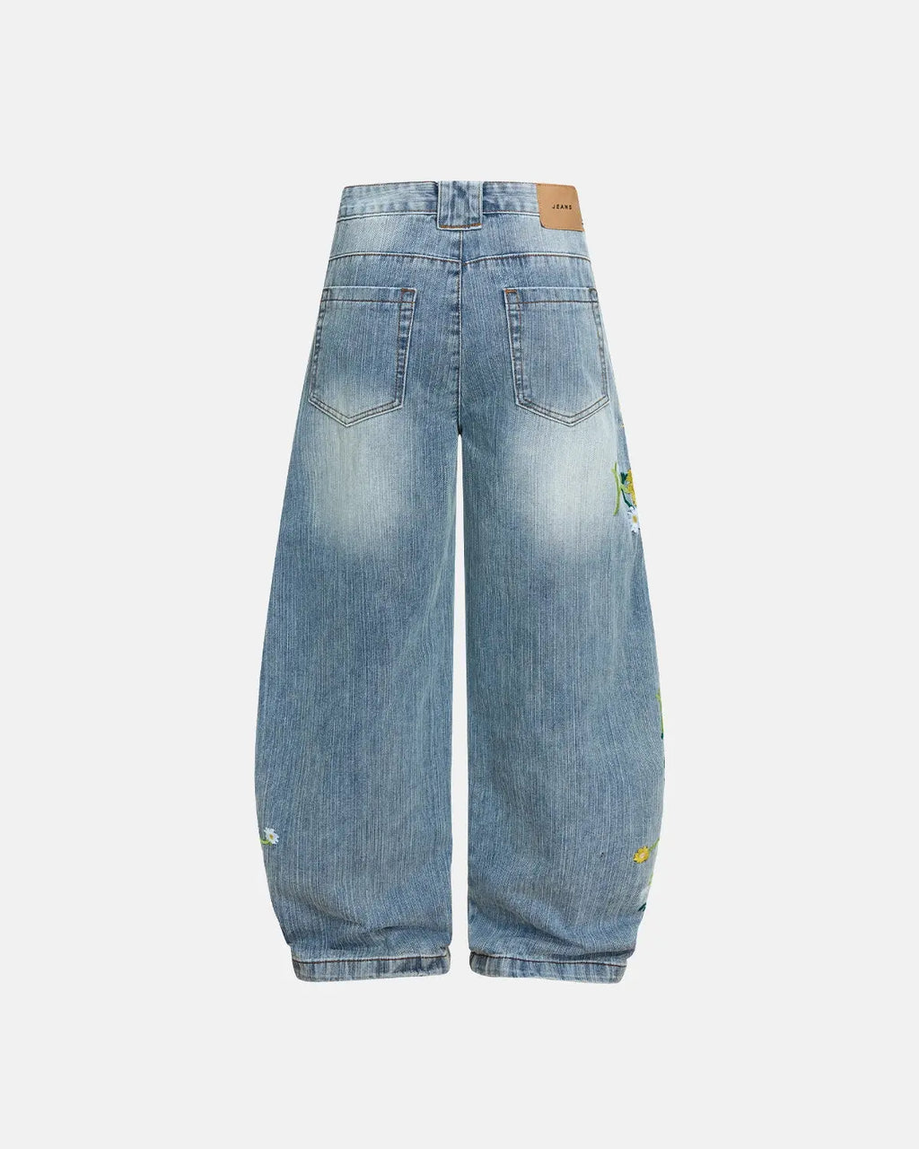 Blue embroidery bamboo weave baggy jeans by Flation Streetwear, showing relaxed fit pants with detailed embroidery and textured fabric.