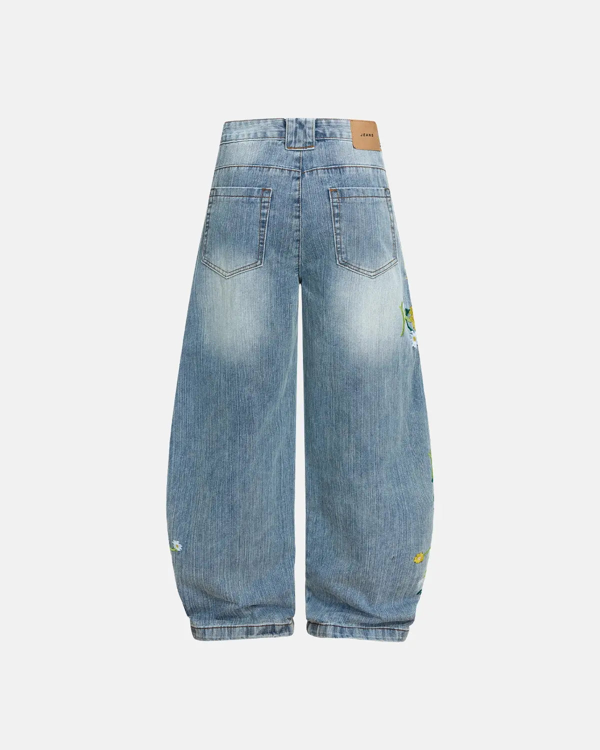 Blue embroidery bamboo weave baggy jeans by Flation Streetwear, showing relaxed fit pants with detailed embroidery and textured fabric.