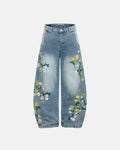 Blue embroidery bamboo weave baggy jeans by Flation, streetwear pants with relaxed fit and detailed stitch work.