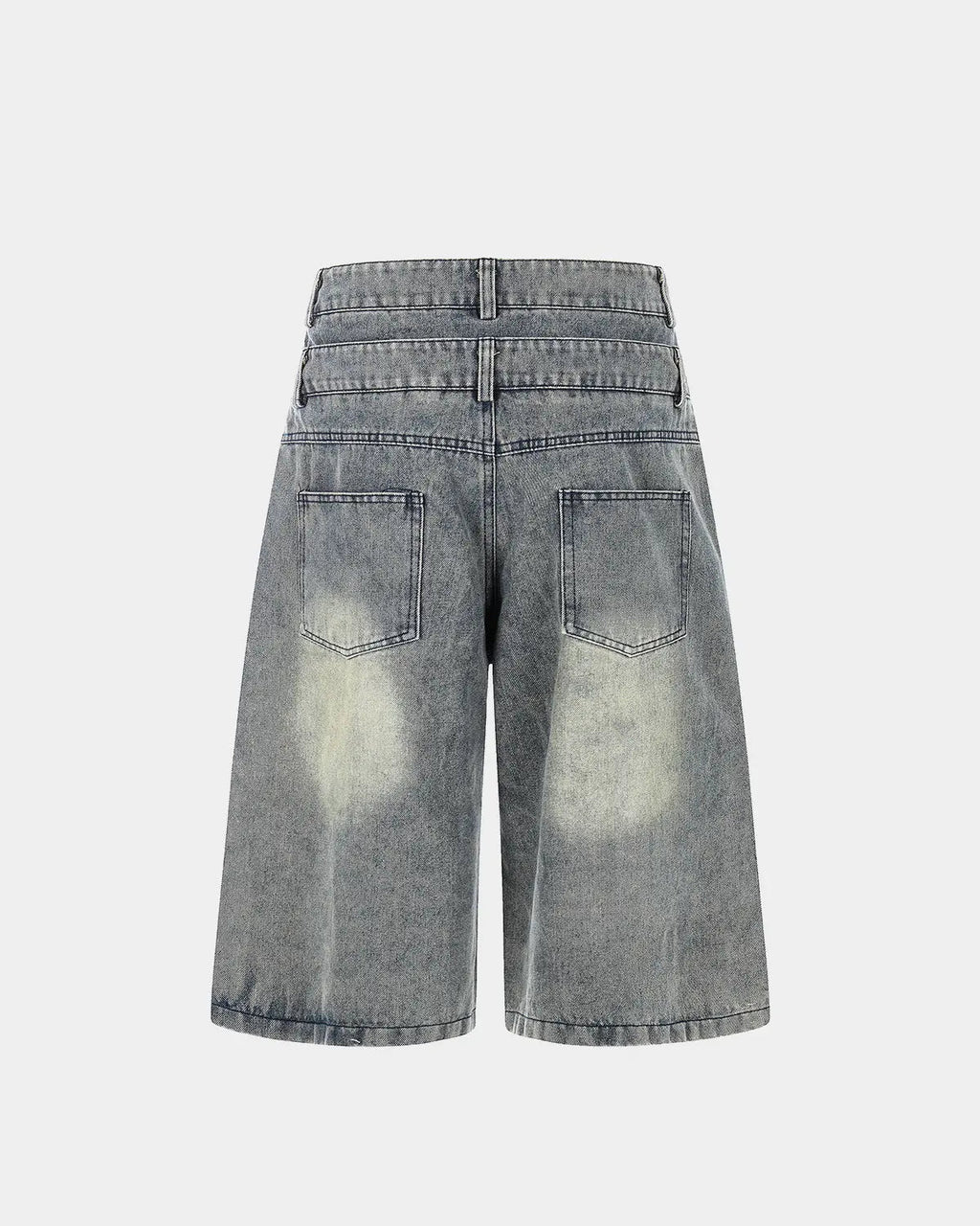 Flation Rhinestone Cross double waist denim jorts, stylish streetwear pants with embellished rhinestone cross details and distressed denim.