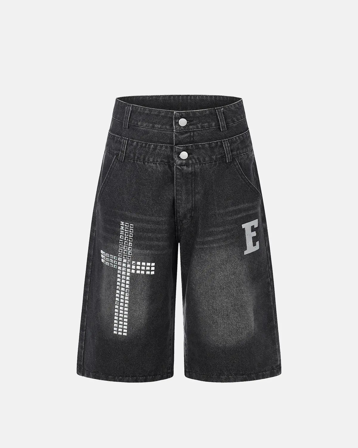 Flation rhinestone cross double waist denim jorts, stylish streetwear pants with rhinestone embellishments and distressed details.