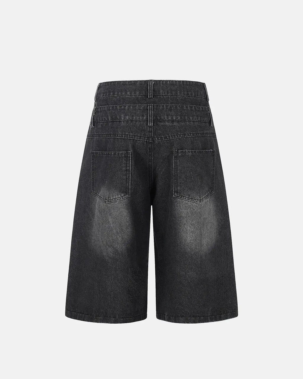 Flation Rhinestone Cross Double Waist Denim Jorts featuring distressed denim, rhinestone embellishments, and a double waist design.