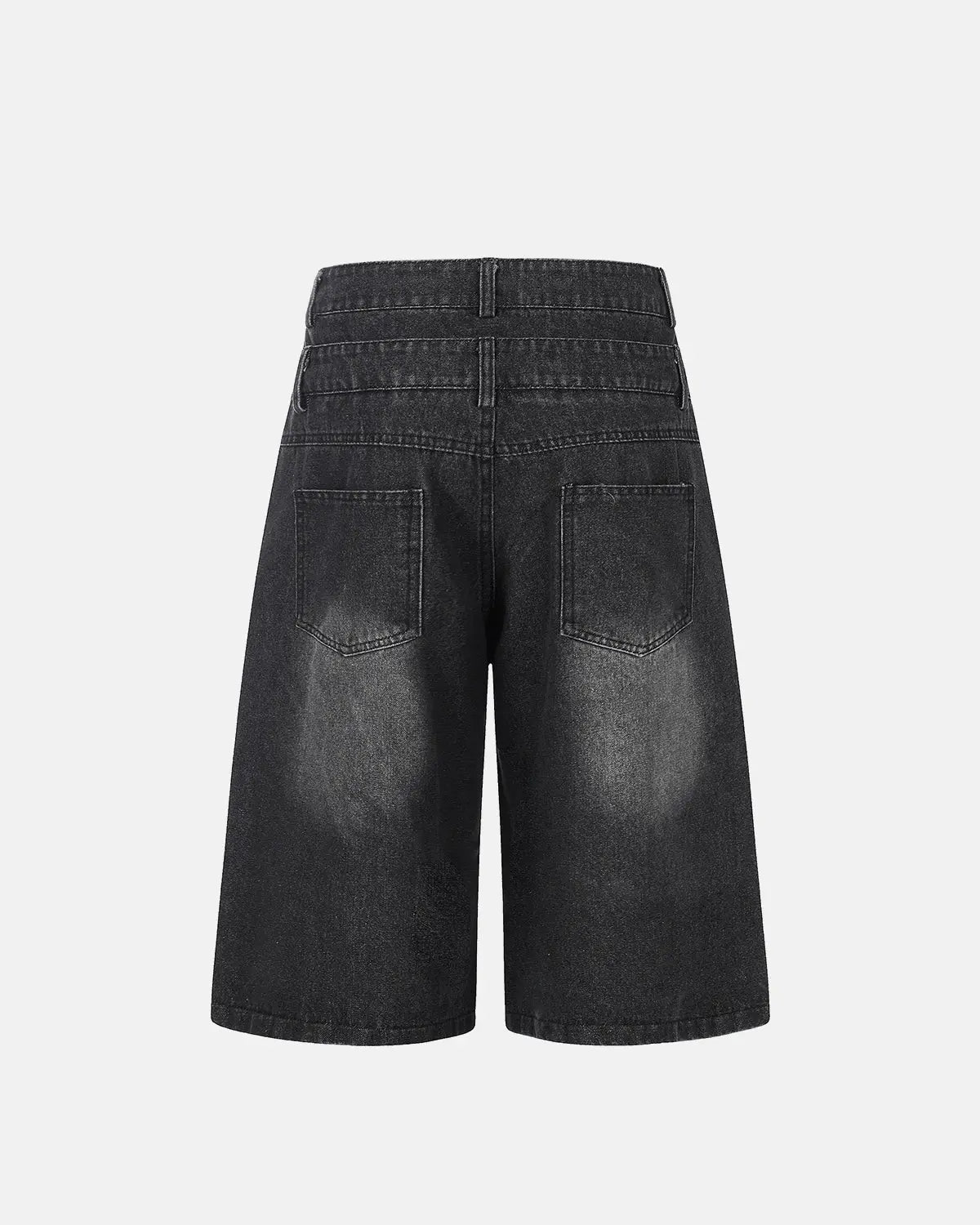 Flation Rhinestone Cross Double Waist Denim Jorts featuring distressed denim, rhinestone embellishments, and a double waist design.
