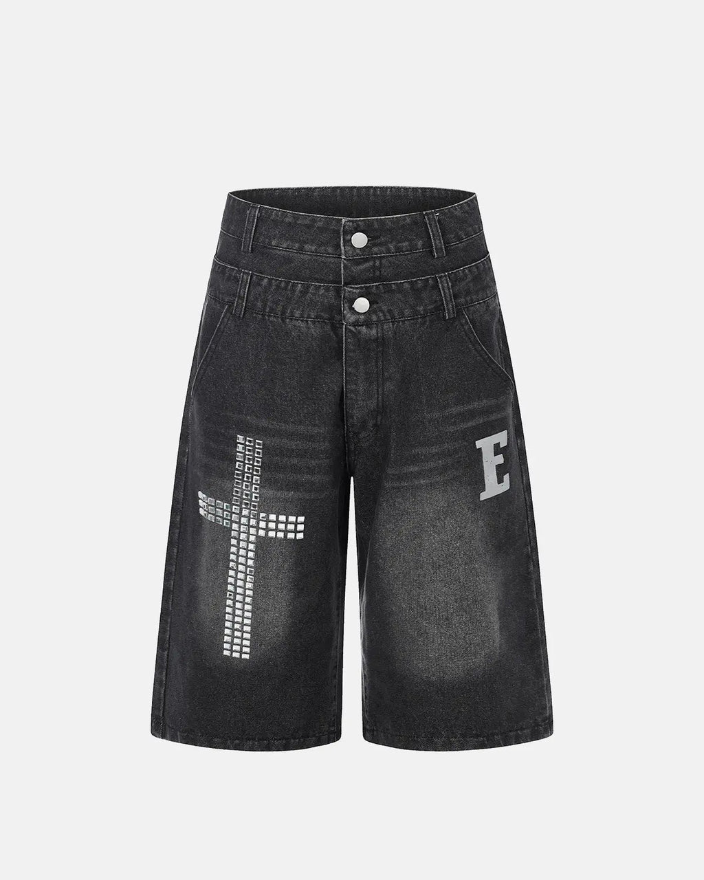 Flation Rhinestone Cross Double Waist Denim Jorts, stylish denim pants with rhinestone cross details and double waist design.