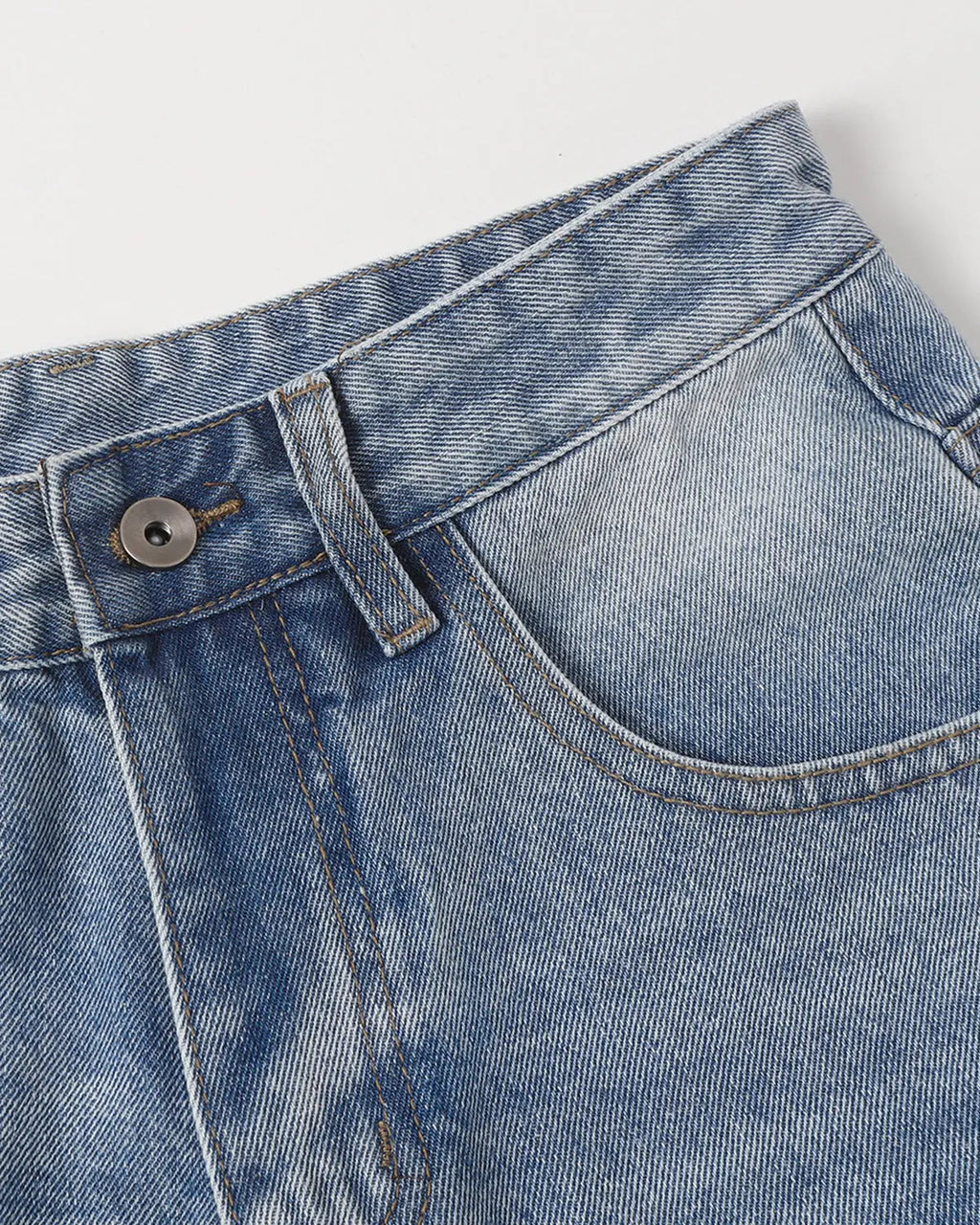 Blue ripped mid-length washed denim shorts by Flation Streetwear, casual pants with distressed details and relaxed fit.