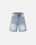 Blue ripped mid-length washed denim shorts from Flation Streetwear, casual pants with distressed details and a relaxed fit.