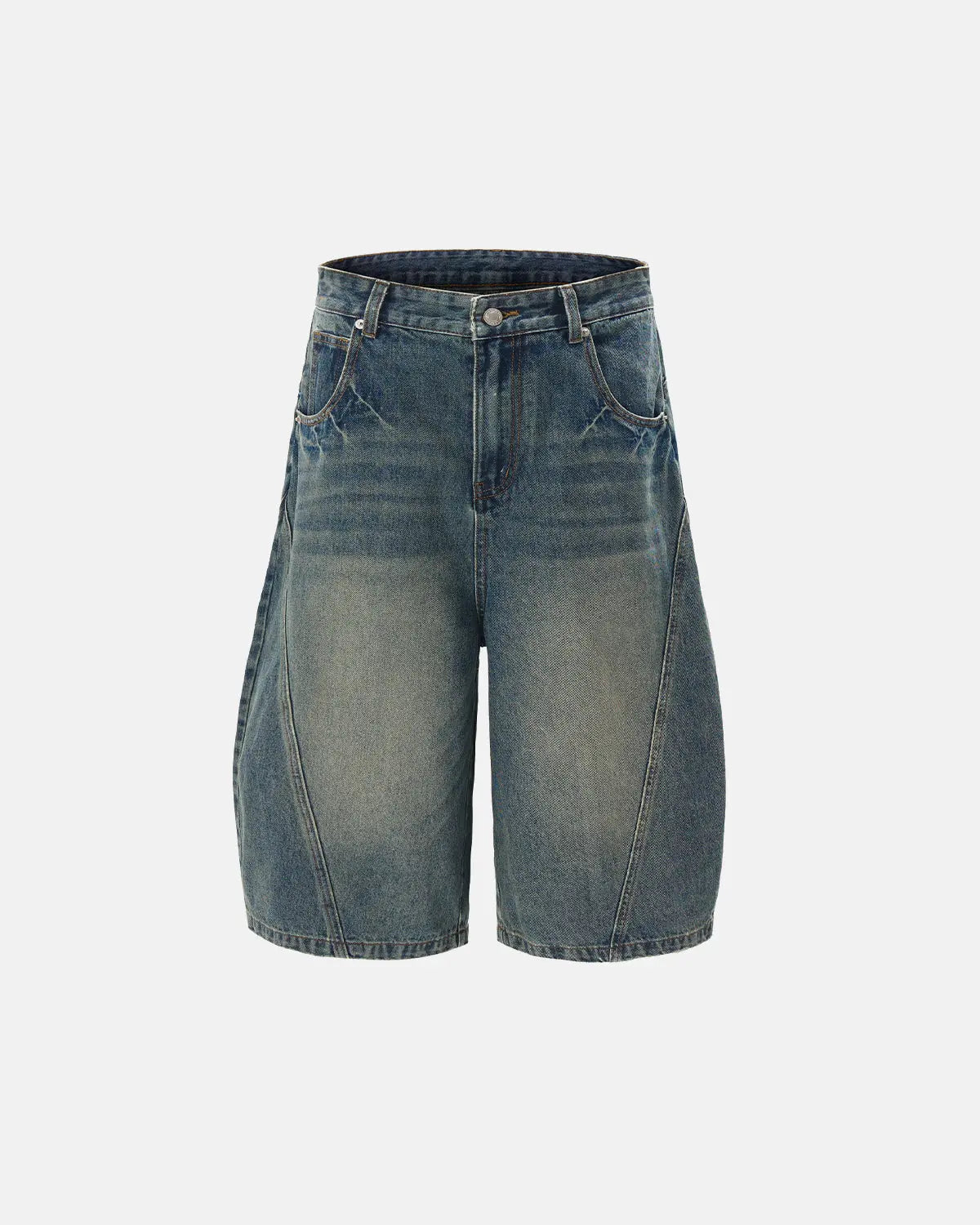 Flation Scimitar Denim Baggy Jorts, loose-fit streetwear pants with distressed denim and frayed hem details.