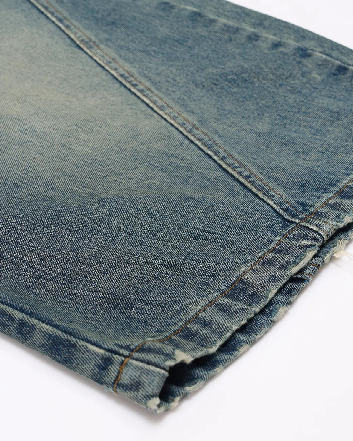 Flation Scimitar Denim Baggy Jorts, relaxed fit streetwear pants with distressed denim, casual style, front and back views.