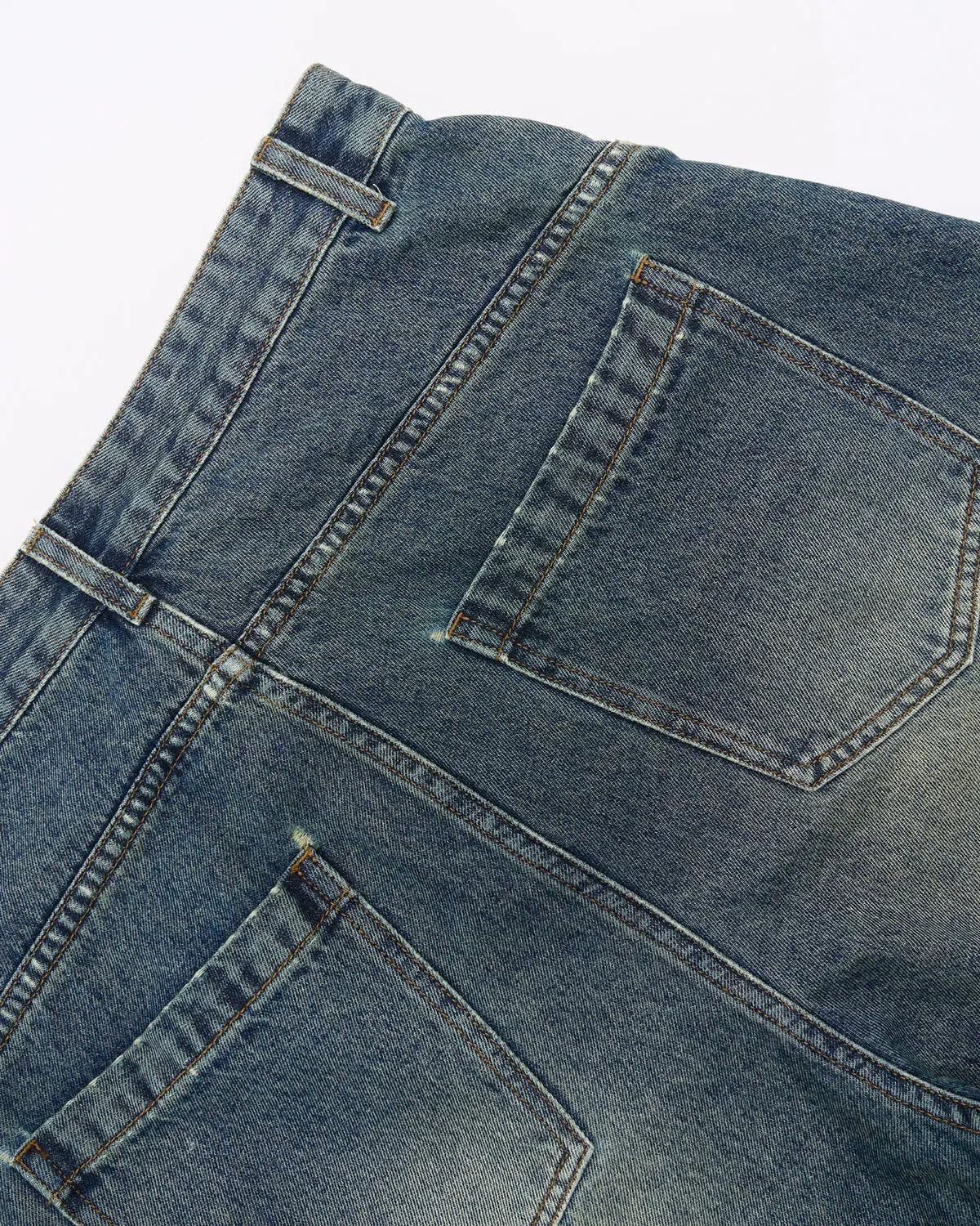 Flation Scimitar Denim Baggy Jorts, relaxed fit denim pants with a distressed finish and casual streetwear style.