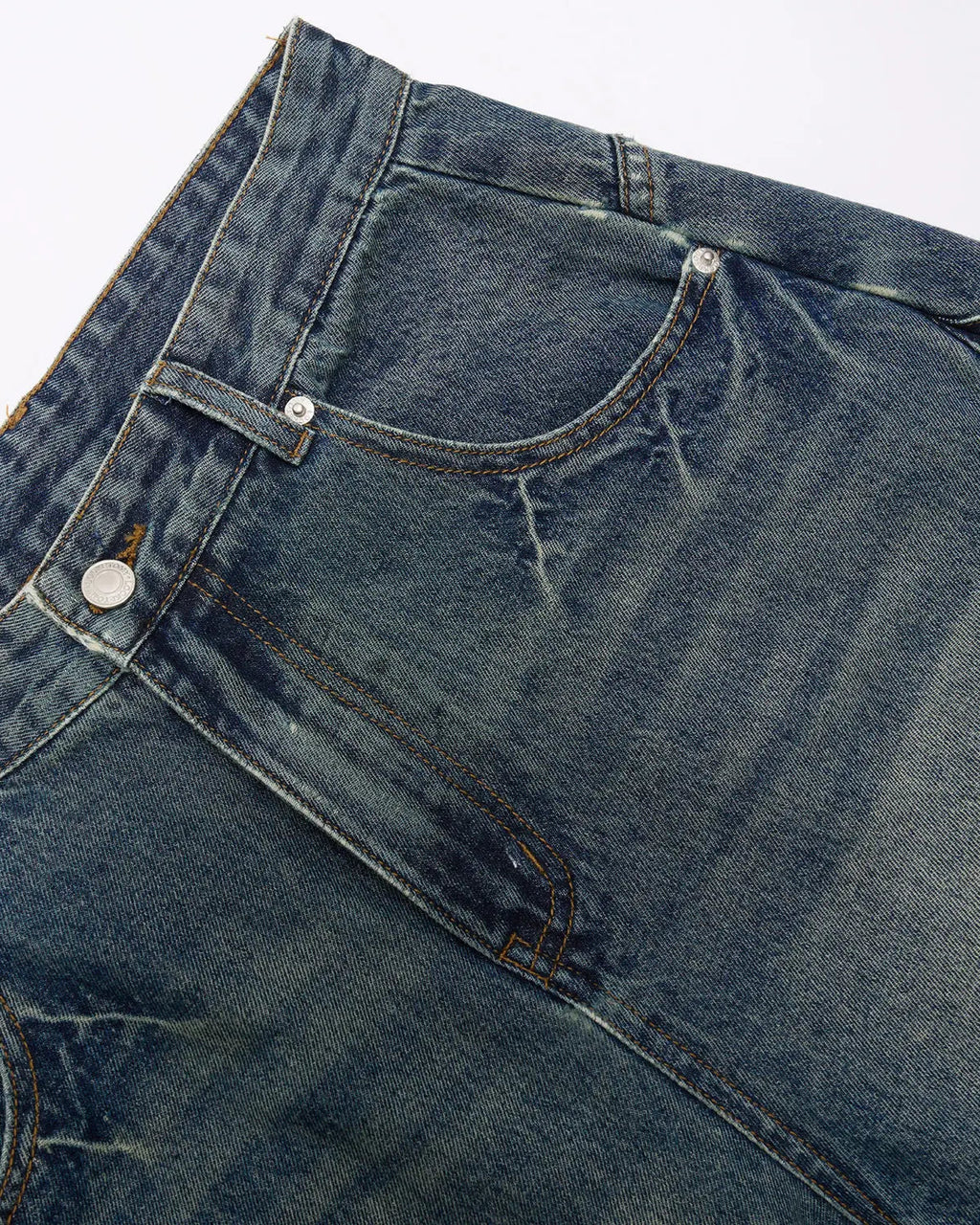 Flation Scimitar Denim Baggy Jorts pants with distressed denim and relaxed fit, featuring frayed hems and casual streetwear style.
