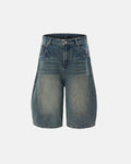 Flation Scimitar Denim Baggy Jorts, relaxed fit jeans shorts with ripped details, casual streetwear pants for a trendy look.