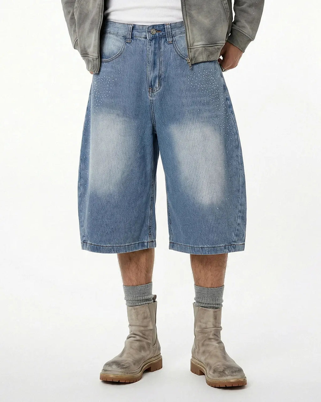Blue Flation Star Rhinestone Longline Denim Shorts, stylish streetwear pants with star embellishments, shown from the front.