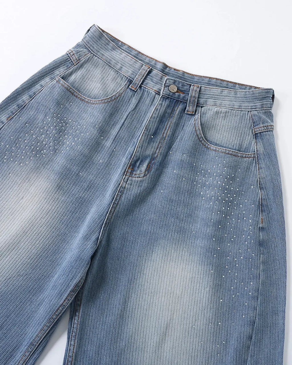 Blue star rhinestone longline denim shorts by Flation Streetwear, featuring stylish design and casual fit.