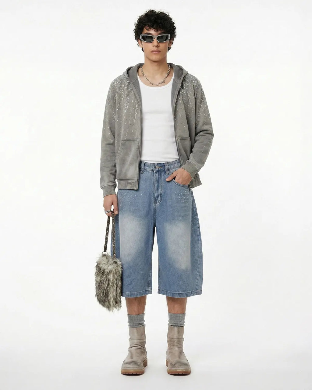 Blue star rhinestone longline denim shorts by Flation Streetwear, stylish casual pants with embellished star details.