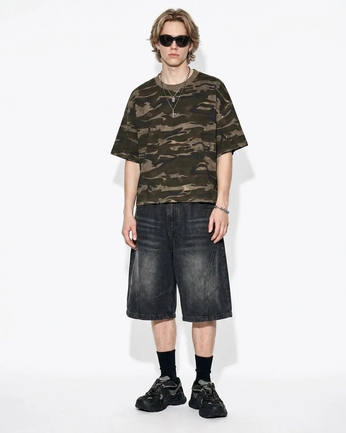 Blue structured washed denim shorts by Flation Streetwear, showcasing a casual fit and classic denim texture.