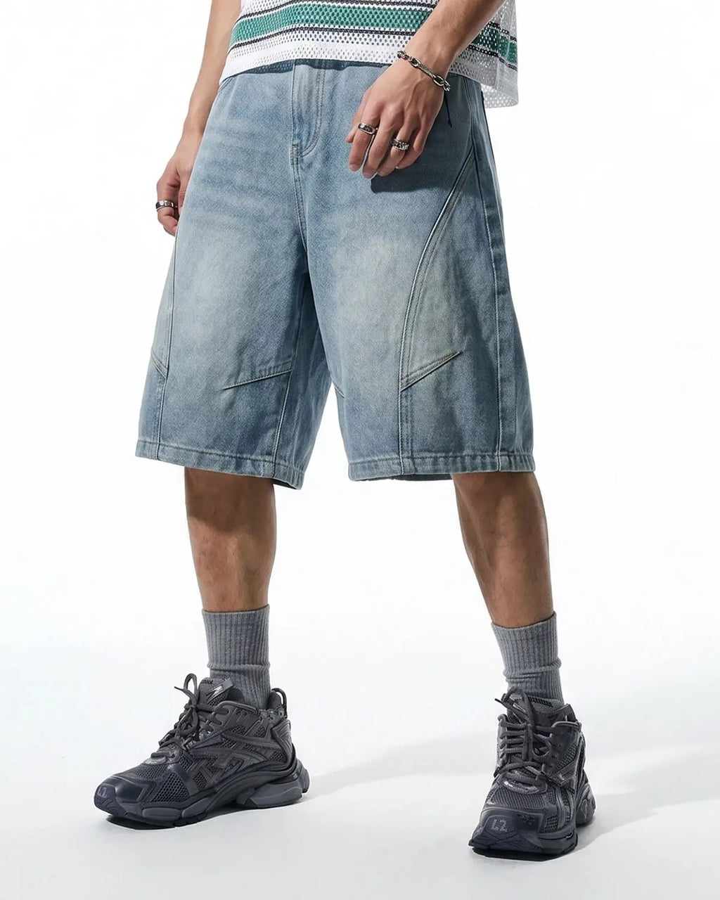 Blue structured washed denim shorts from Flation Streetwear, showcasing a stylish casual pants design with a relaxed fit.