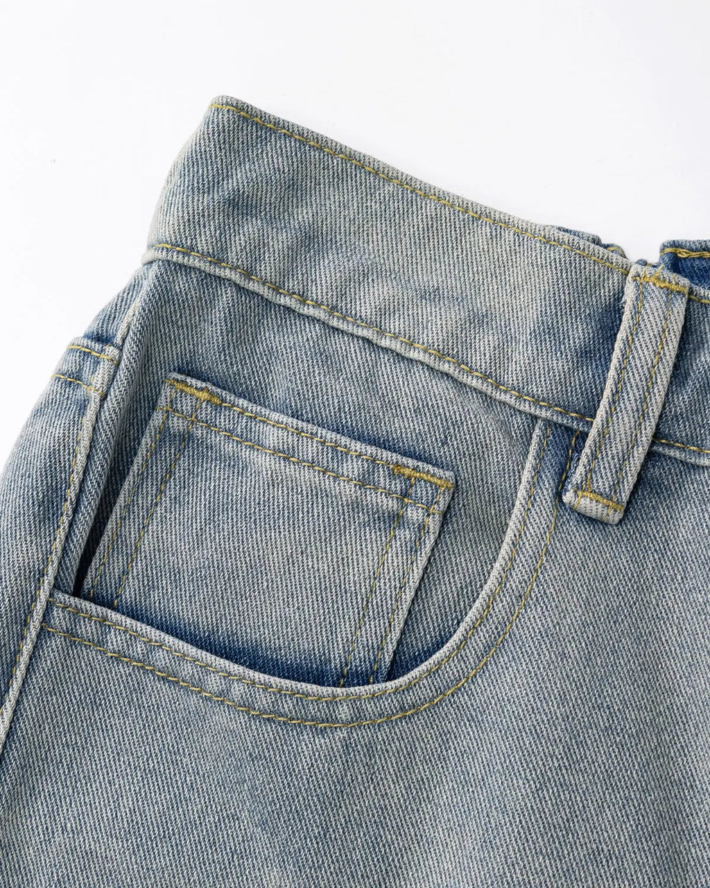 Blue structured washed denim shorts by Flation, casual streetwear pants with a relaxed fit and distressed detailing.