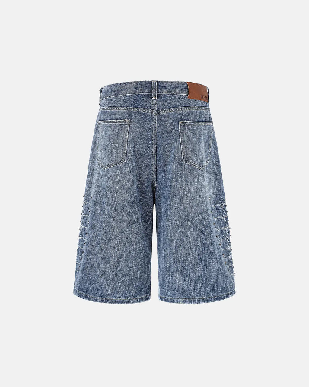 Blue studded bamboo weave jorts from Flation Streetwear, casual pants with a distressed, trendy design and metal stud accents.
