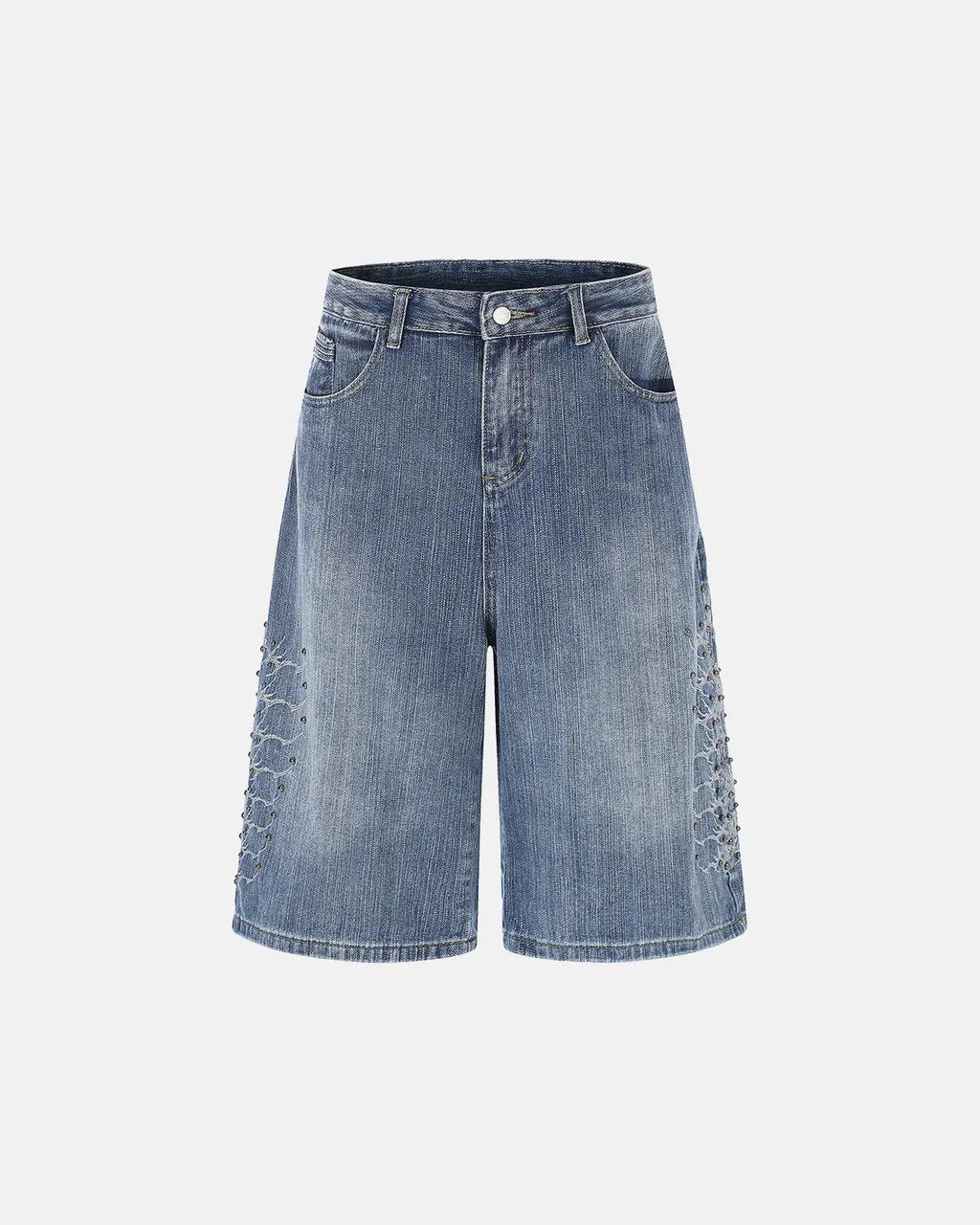 Blue studded bamboo weave jorts by Flation Streetwear, casual pants featuring a stylish, textured bamboo pattern and metal stud accents.