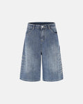 Blue studded bamboo weave jorts by Flation Streetwear, casual pants featuring a stylish, textured bamboo pattern and metal stud accents.