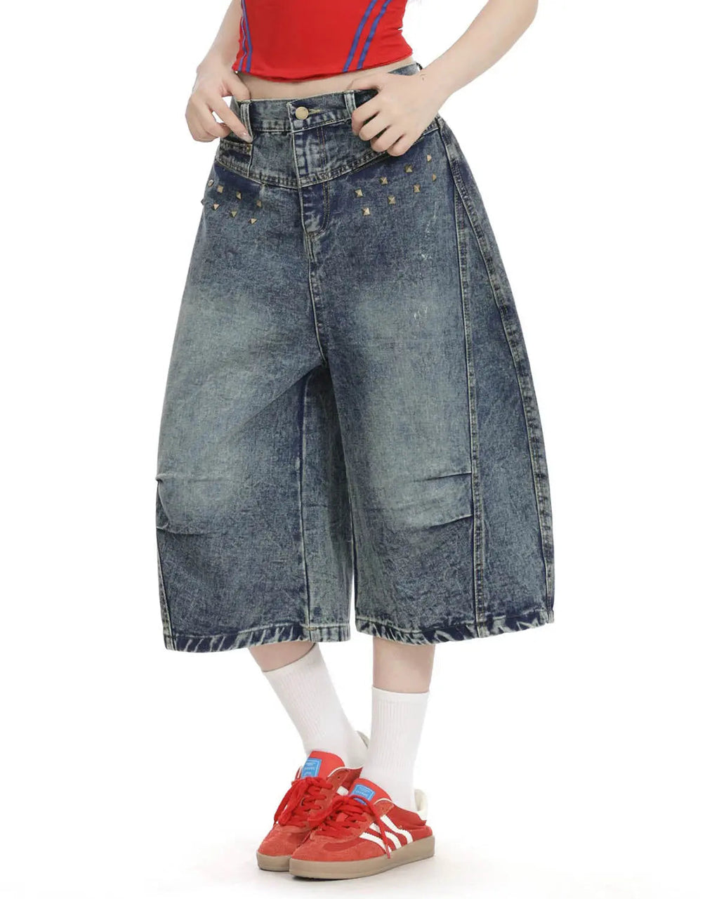Blue Flation streetwear studded washed long baggy jorts pants with distressed detailing and a relaxed fit.