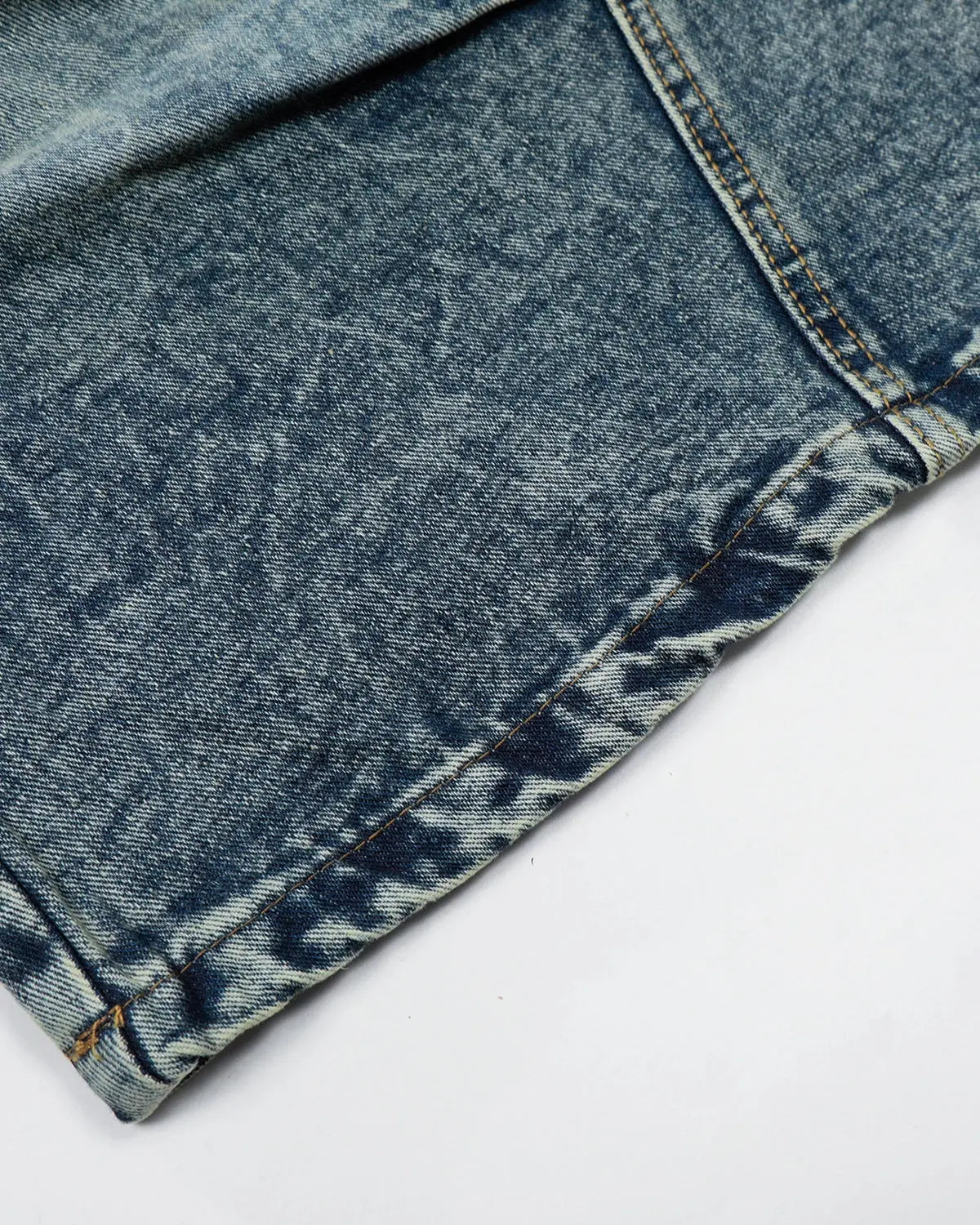 Blue washed long baggy jorts with metal stud embellishments by Flation Streetwear, casual men's pants.
