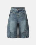 Blue studded washed long baggy jorts from Flation Streetwear, casual denim pants with a relaxed fit and distressed details.