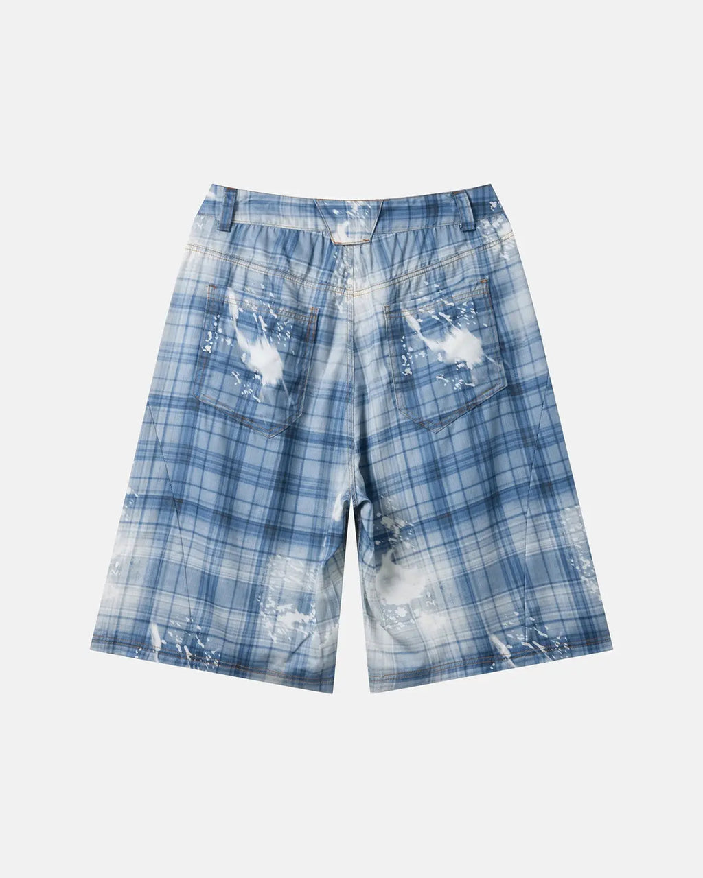 Blue Tencel washed plaid print longline shorts by Flation, styled as streetwear pants with a relaxed fit and casual design.
